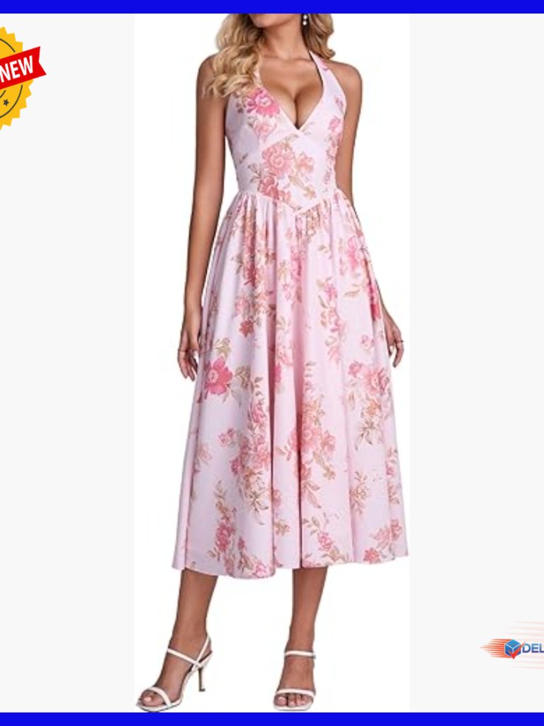 Halter V-Neck Midi Dress Corset Smocked Sundress A-Line Wedding Guest